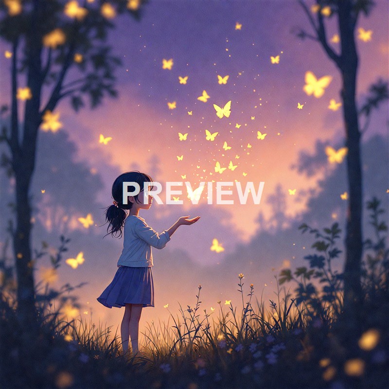 A young girl standing in a grassy field at sunset, releasing glowing yellow butterflies into the sky amidst trees and a purple-pink sky.